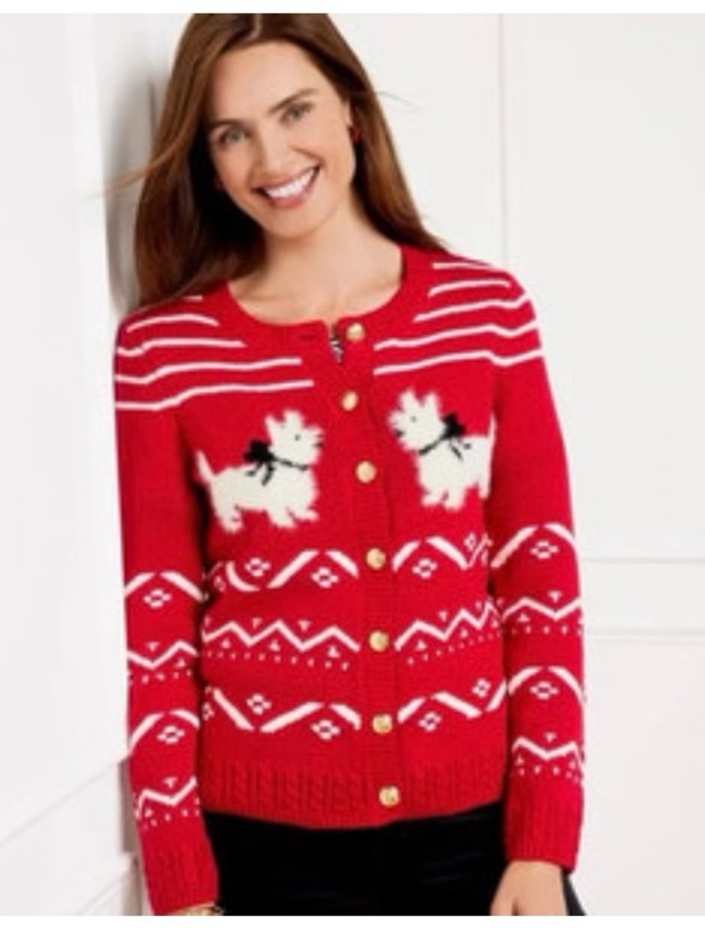 Talbots Red Scotty Dog Button Front Cardigan with Gold Buttons Fair Isle Sz Lg - Picture 2 of 6